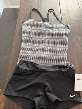 NWT Nike Black & White Striped Tankini with Black Swim Shorts
